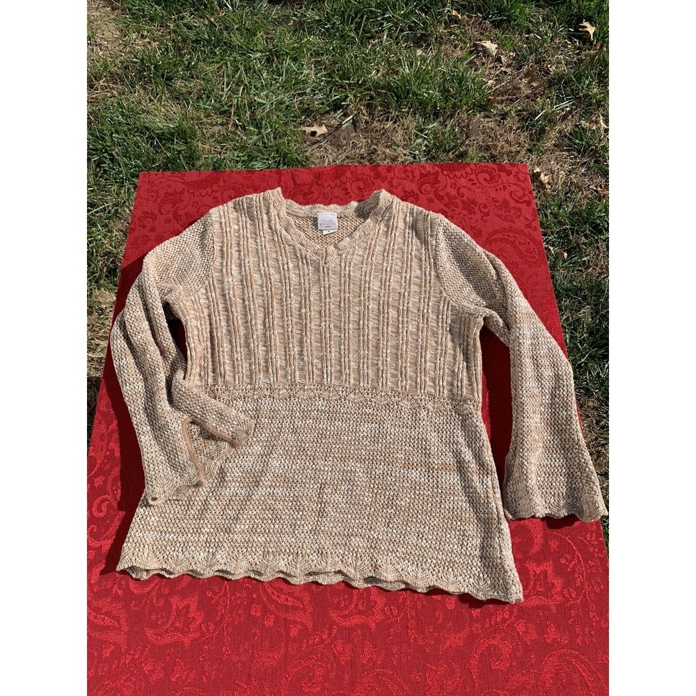 Y2K Vtg Fiorlini International Plus Long ‎ Sweater Sz 18/20 Scalloped Tan White